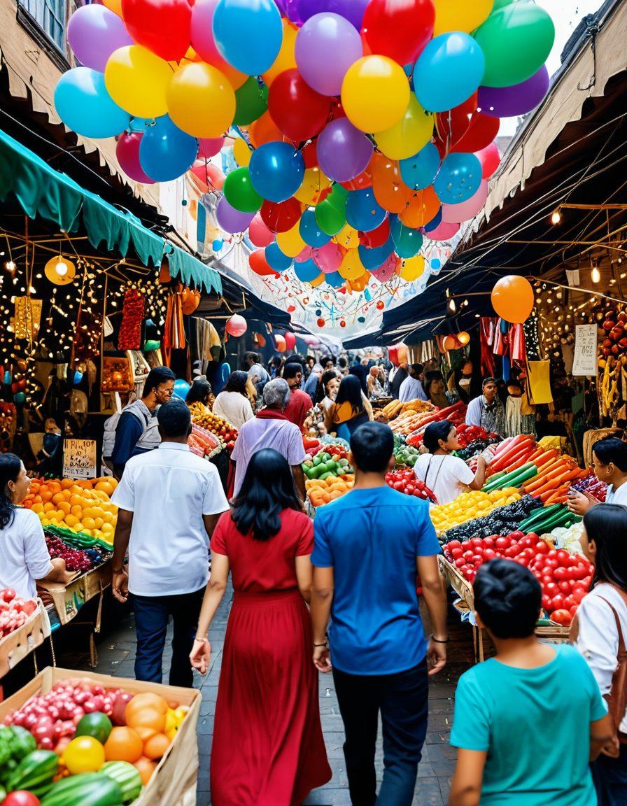 A vibrant scene depicting a diverse group of people joyfully shopping together in a colorful market. Expressions of happiness and camaraderie are highlighted as they share laughter and gifts. Include elements such as shopping bags, festive decorations, and multi-colored stalls filled with joyful merchandise. Enhance the atmosphere with balloons and confetti in the air to signify celebration. bright colors. super-realistic.