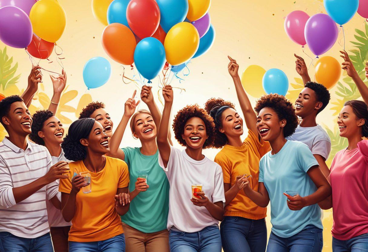 A vibrant and dynamic scene depicting a diverse team engaged in various joyful activities together, such as team-building games, sharing gifts, and celebrating milestones. The background features balloons and decorations symbolizing partnership, while laughter and smiles radiate from the participants. Incorporate elements of collaboration and unity, showcasing a sense of joy and togetherness. bright colors. digital illustration.