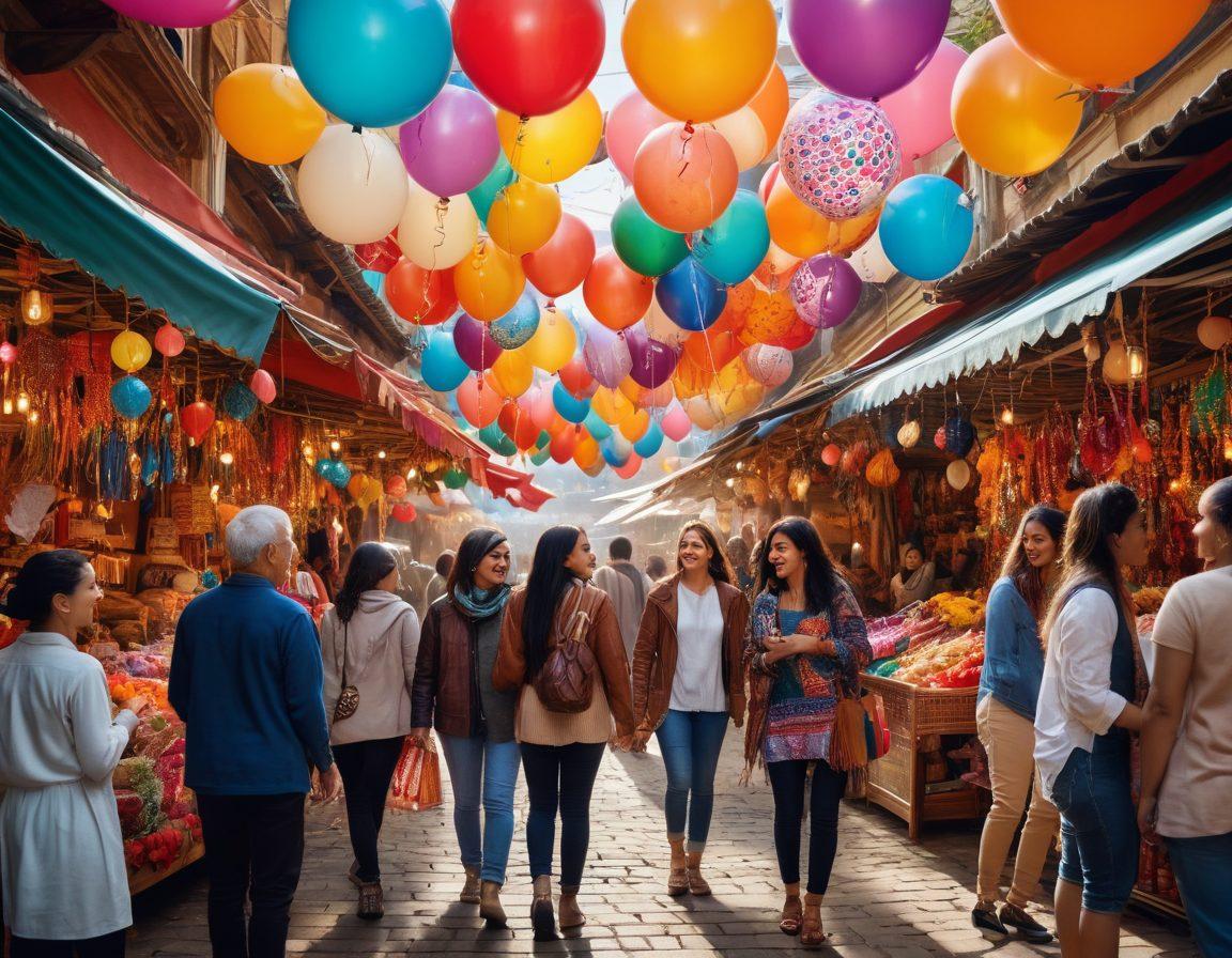 A vibrant scene depicting a diverse group of friends joyfully shopping together in a bustling market, surrounded by colorful decorations for a celebration. Each person holds festive items like balloons and gifts, showcasing the spirit of teamwork and engagement. Bright sunlight filters through the market stalls, enhancing the lively atmosphere. Include elements of cultural diversity to emphasize inclusivity. super-realistic. vibrant colors. 3D.